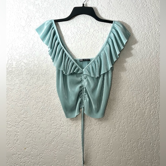 ZARA Mint Blue Pleated Crop Off shoulder Ruched drawstring Trendy Casual Tops - Picture 2 of 6